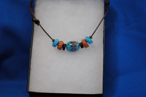 Necklace with Turquoise & Coral handmade glass beads on leather - Joy Beadz Glass Jewelry